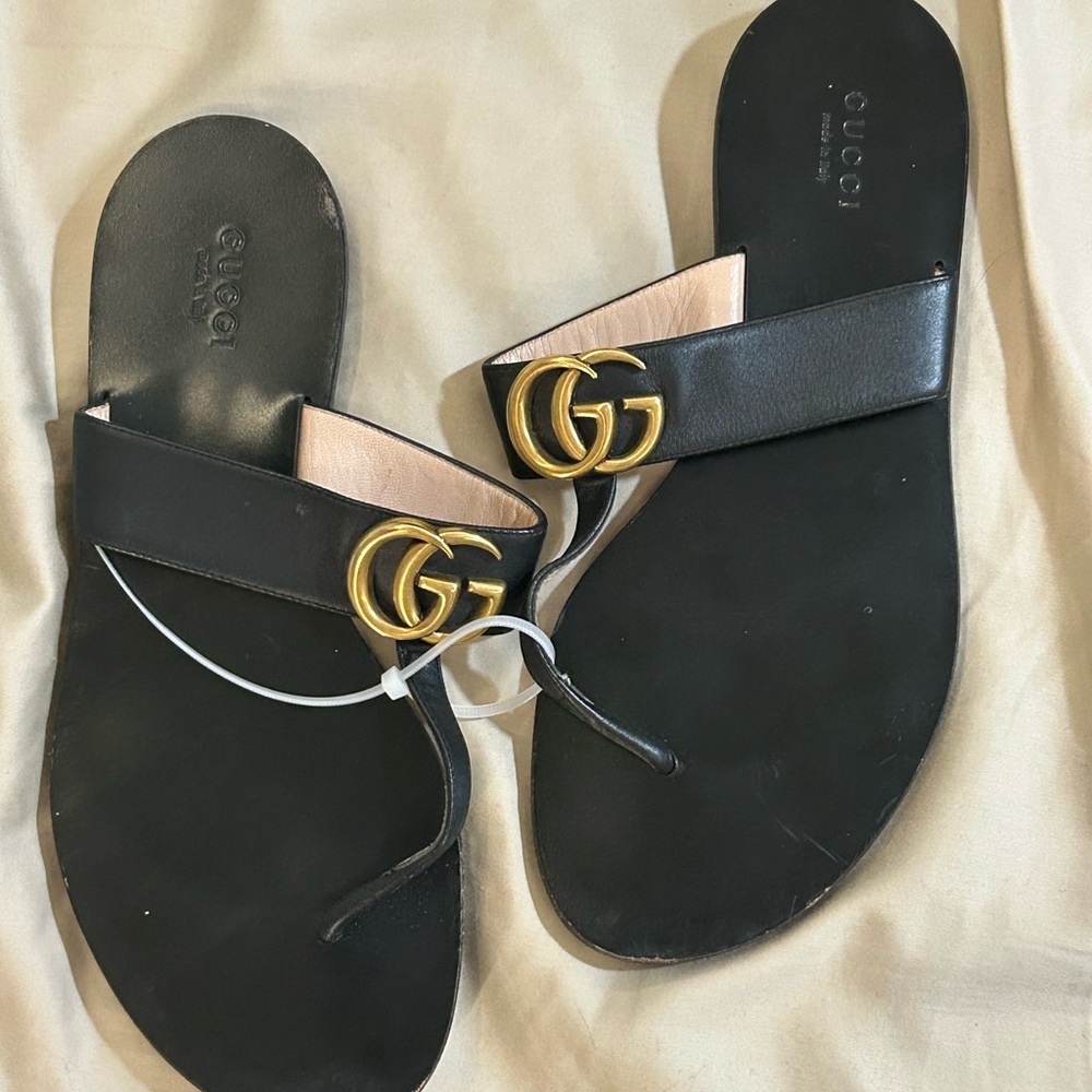 Gucci Black Sandals with Gold GG Emblem